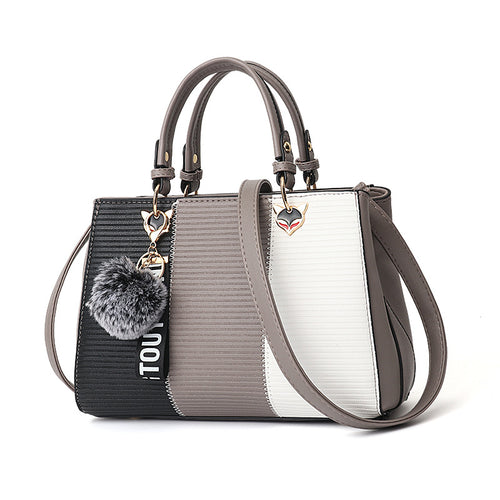 Women's Patchwork Tote Bag with Pom Charm