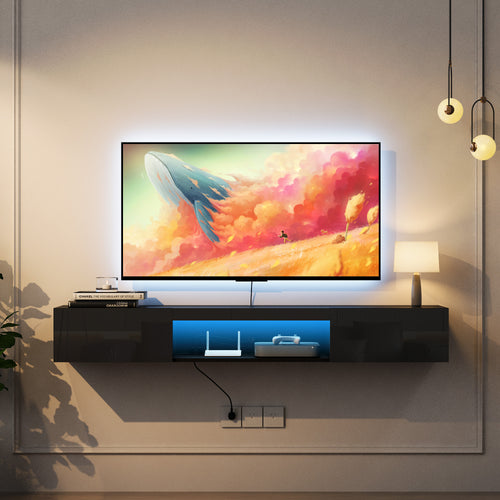 Floating Wall-Mounted TV Stand with 16 Color LED Lights, Fits 55-65 Inch TVs
