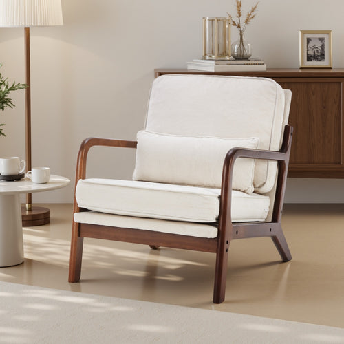 Mid Century Modern Chair Accent Chair With Arms And Waist Cushion, Solid Wooden Frame